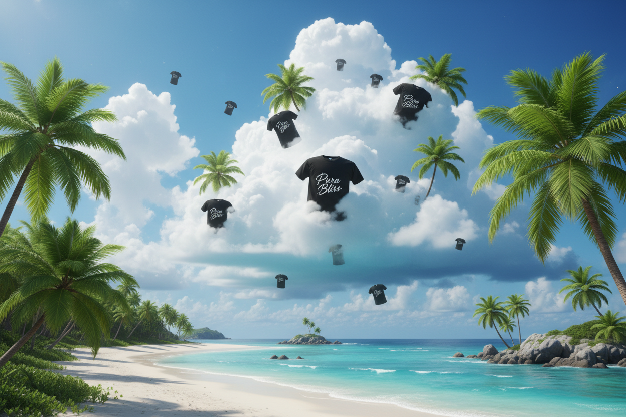 a tropical paradise with clouds and inside the clouds there is Black t shirts that say pura bliss with palm trees