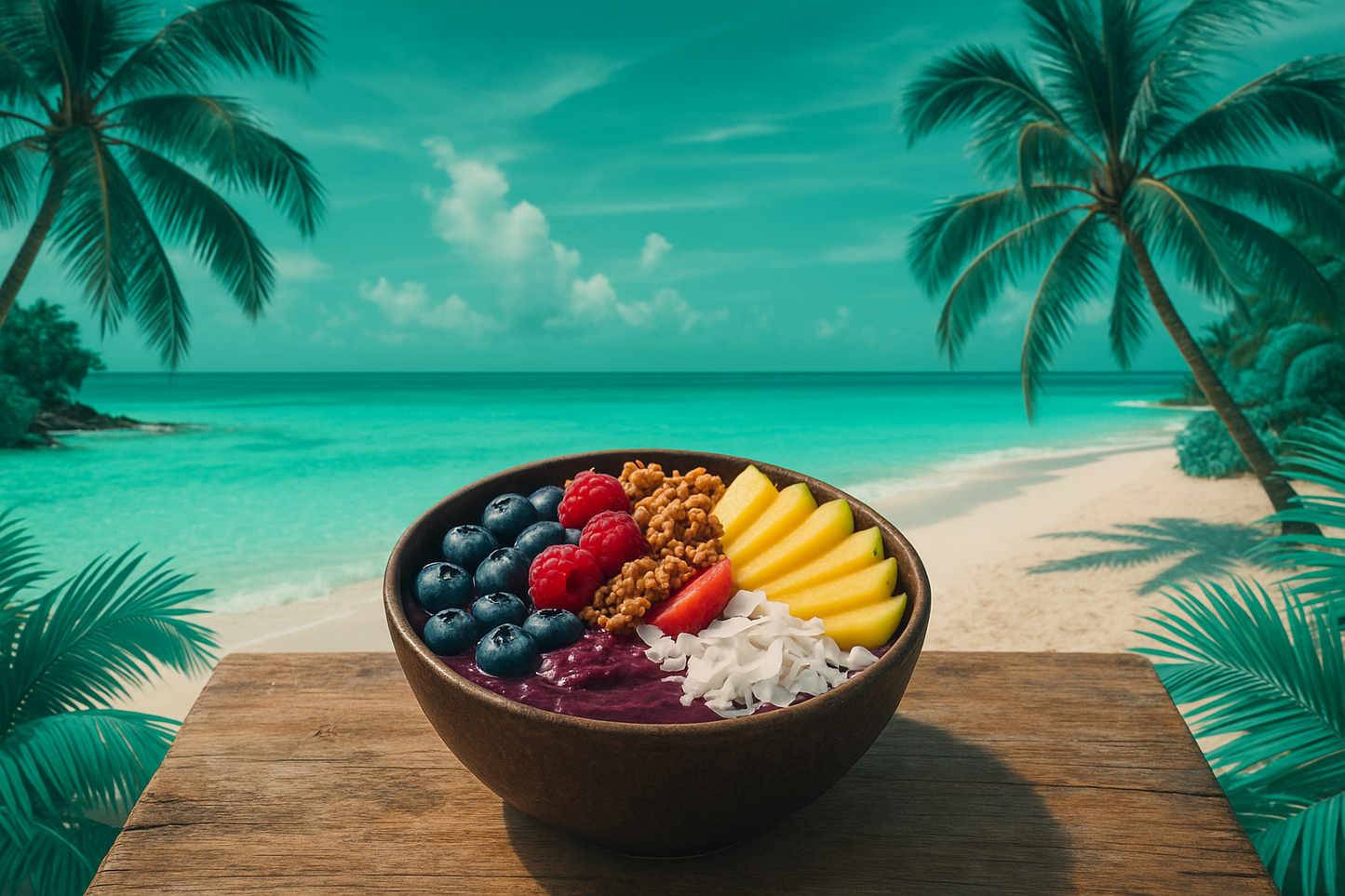 beautiful tropical beach with teal theme and an acai bowl in the middle 