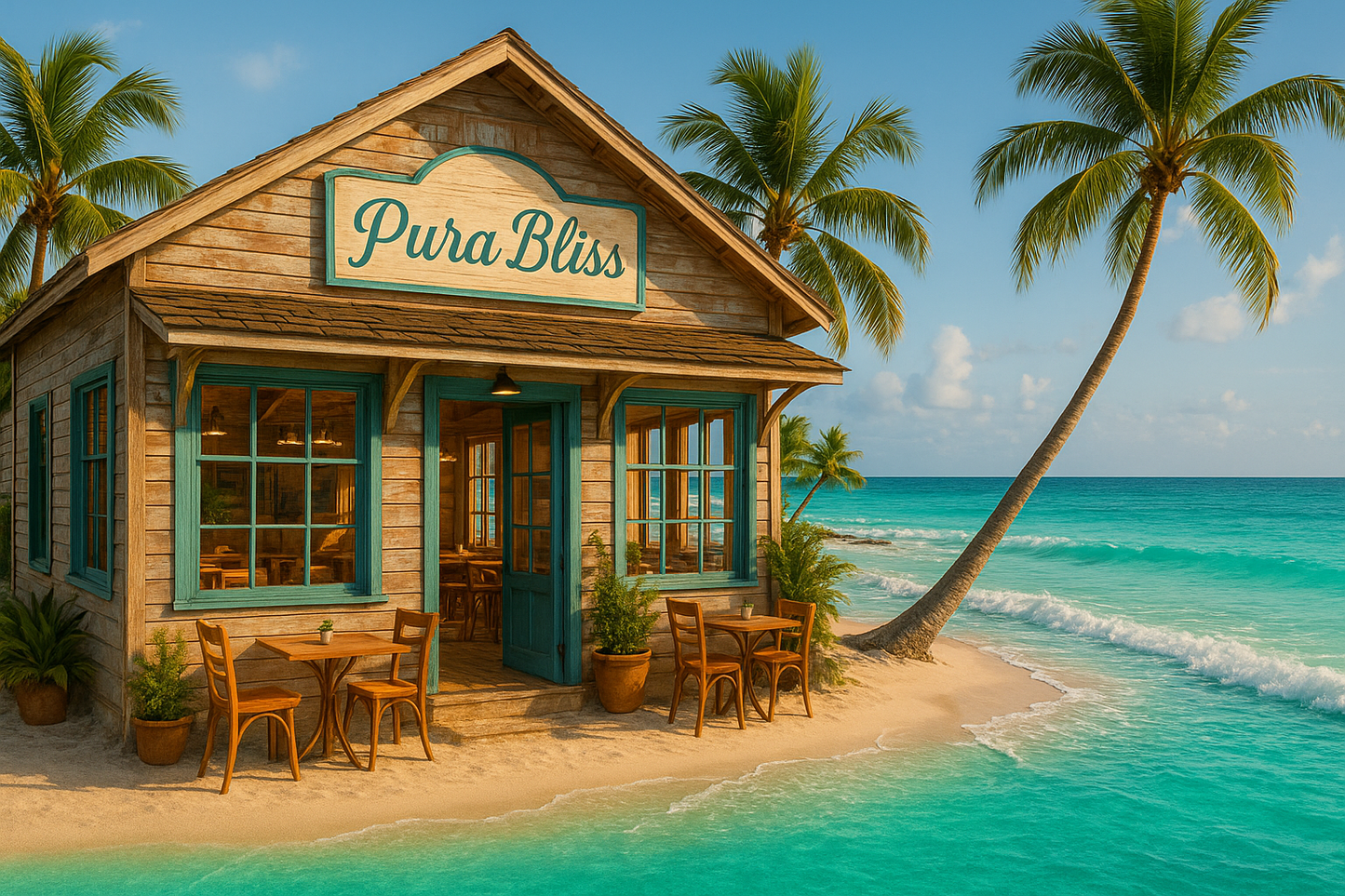 generate a cafe on a teal and turquoise beach and the cafes sign says pura bliss in turquoise
