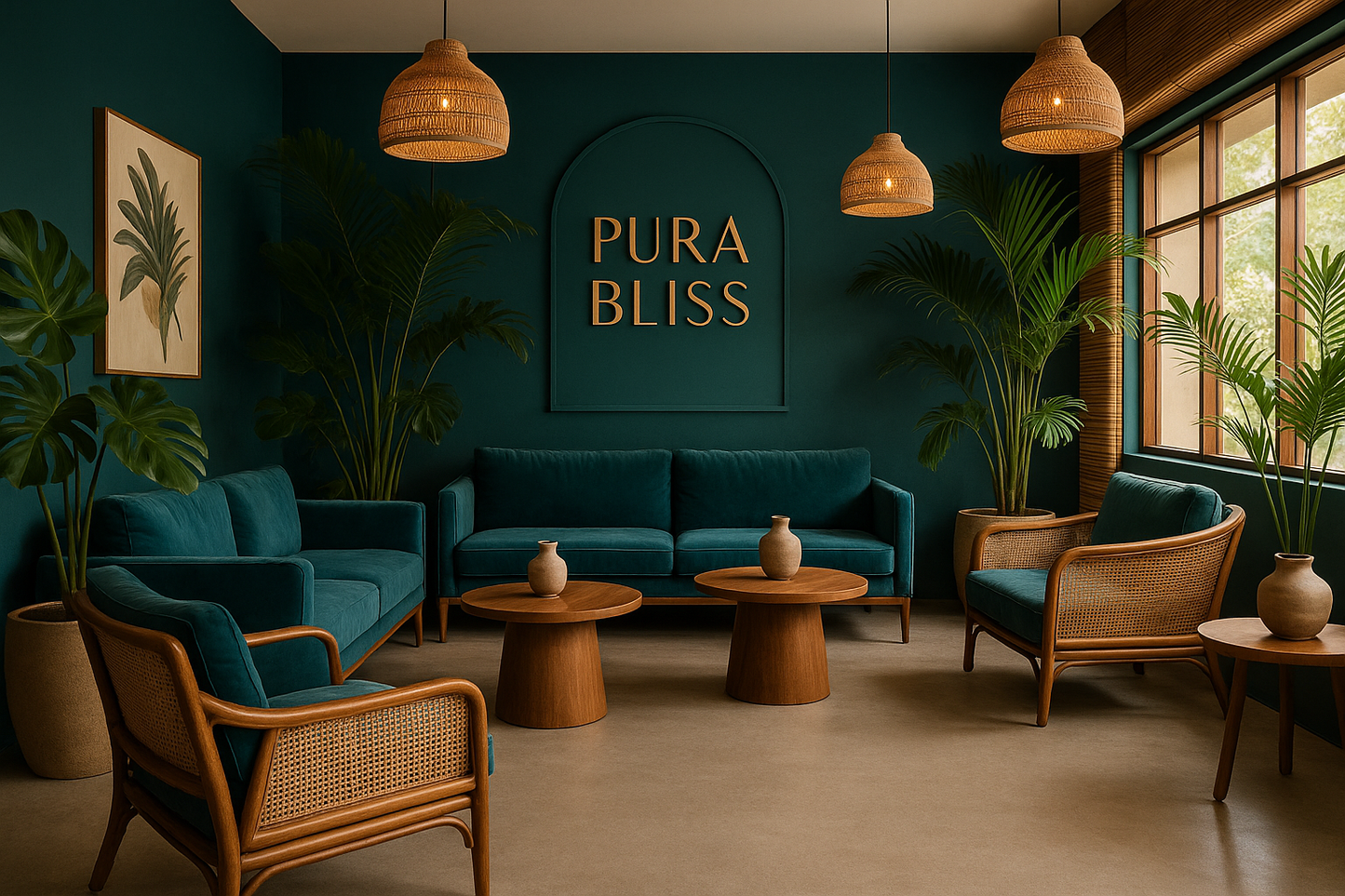 generate a modern tropical teal themed lounge with a sign in teal that says PURA BLISS