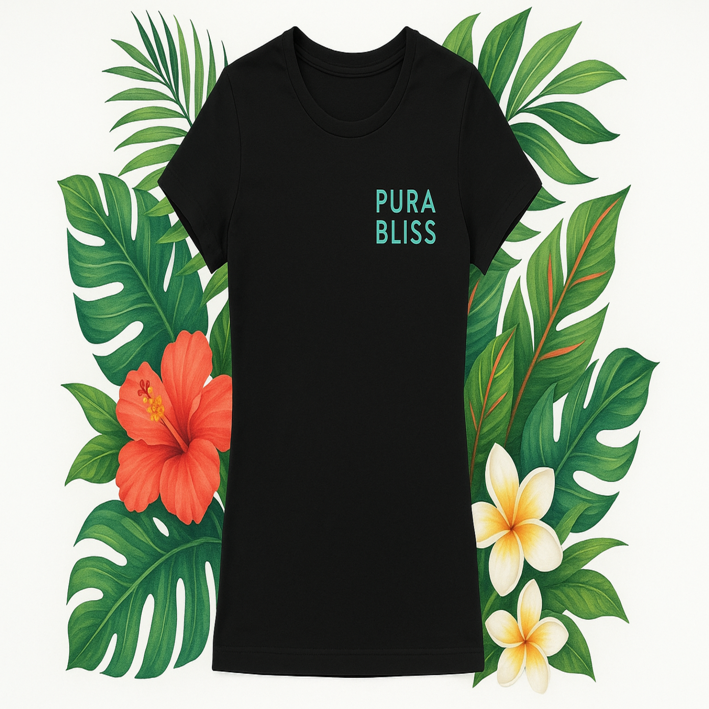 make me a black womens t shirt that says PURA BLISS in teal on the left chest with a tropical background