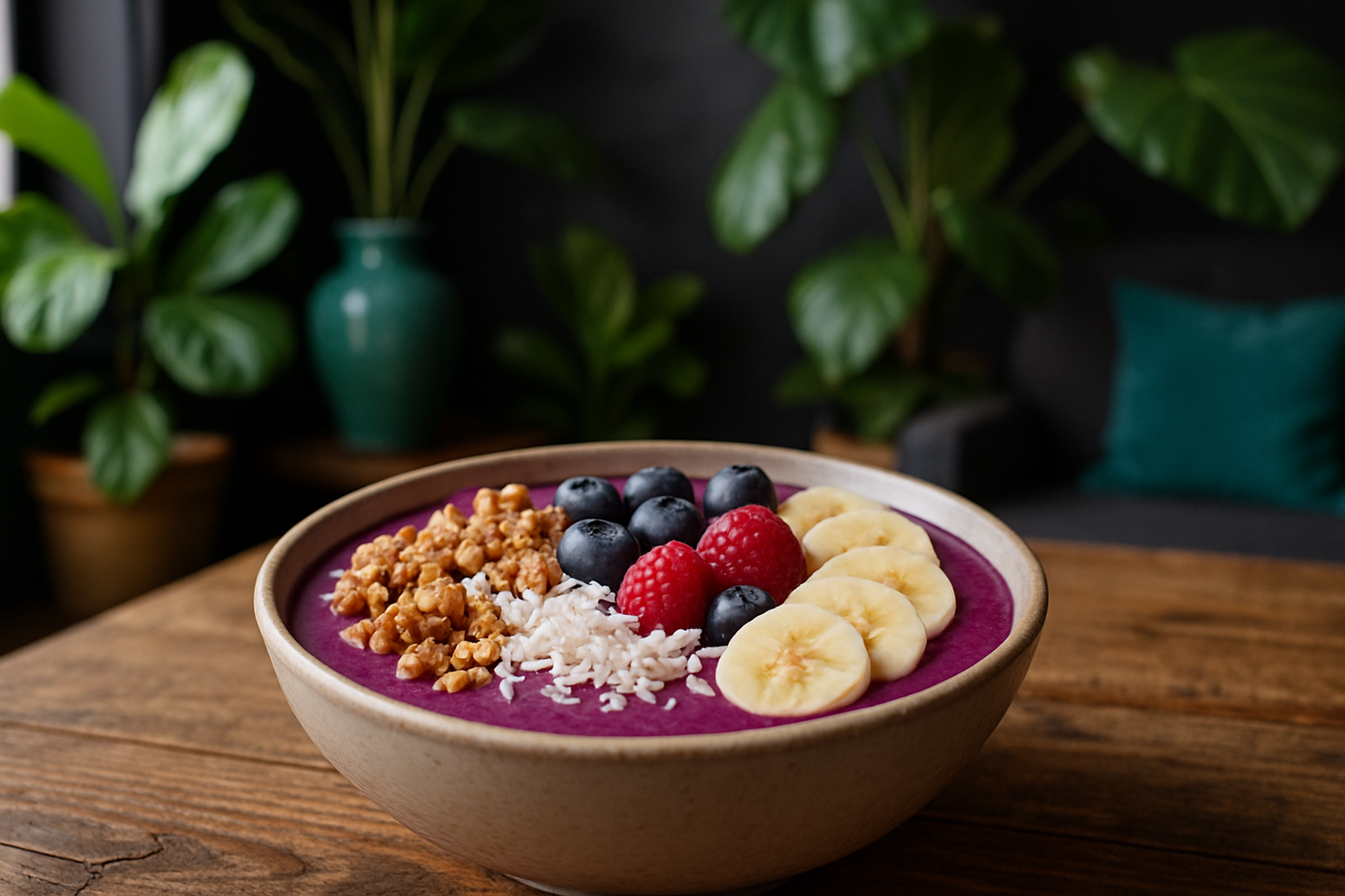 make me an acai bowl on a table with a dark wall lounge with plants and turqouise accents