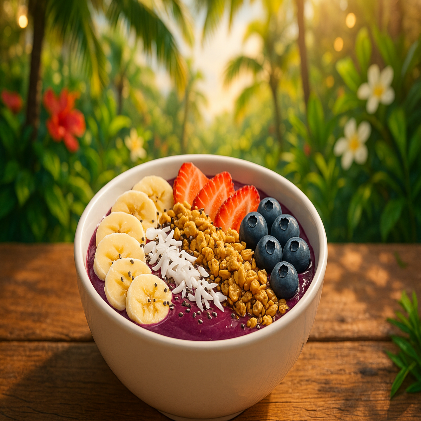 make me an acai bowl with tropical background