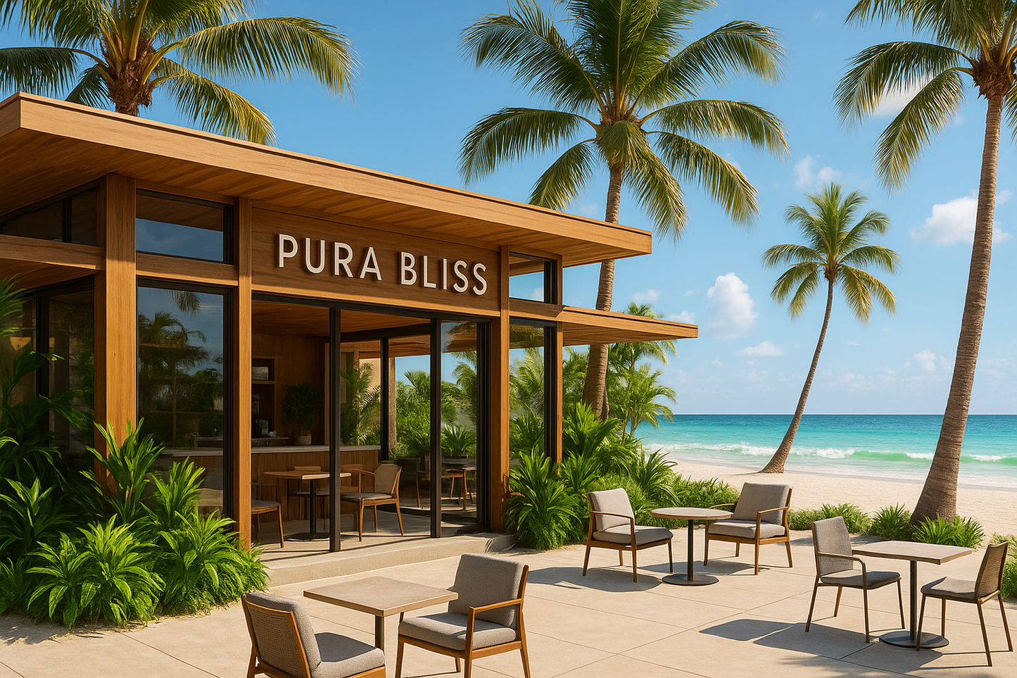 modern tropical cafe on beach that says PURA BLISS